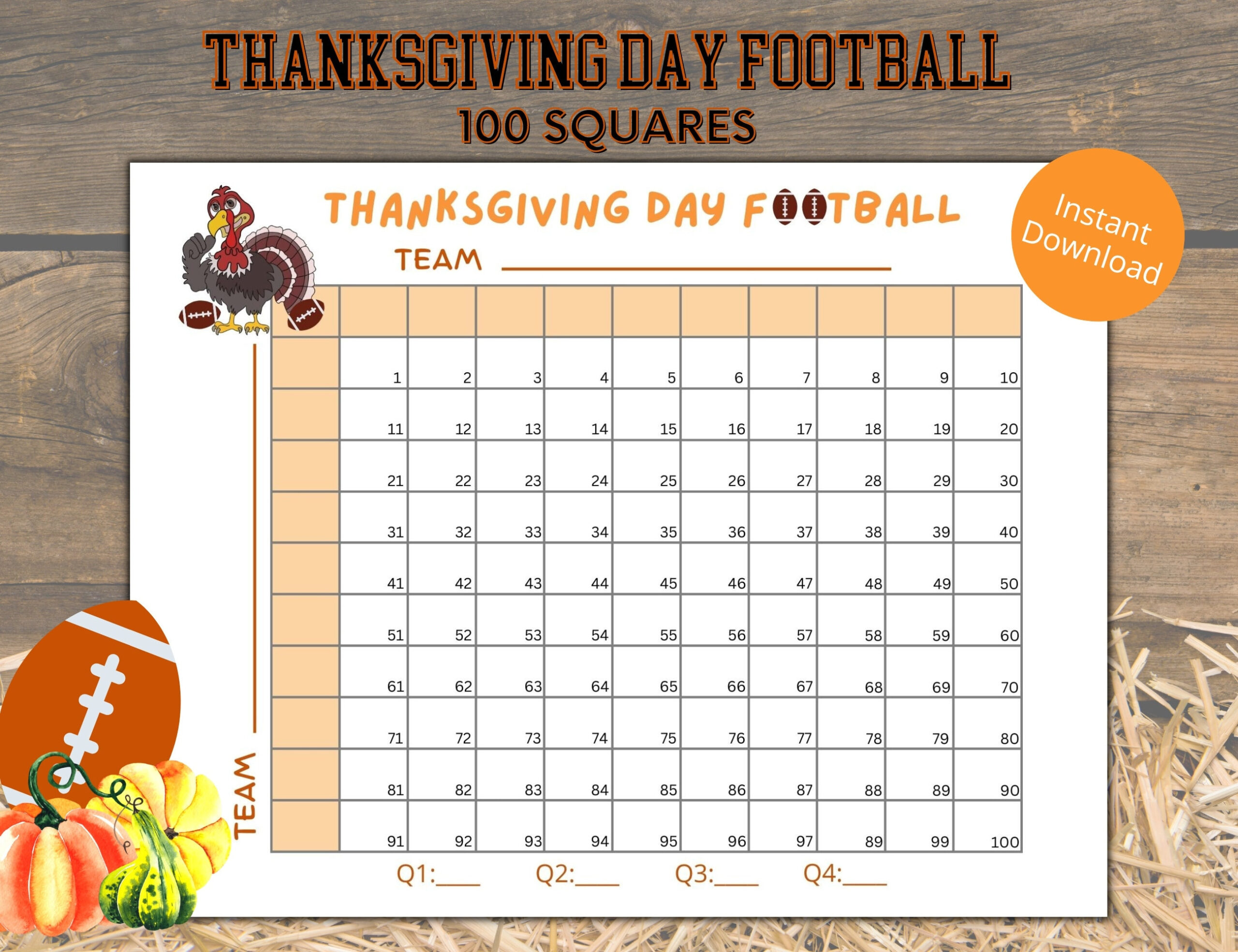Thanksgiving Football 100 Squares Printable Game, Football Pool regarding Thanksgiving Football Squares Printable