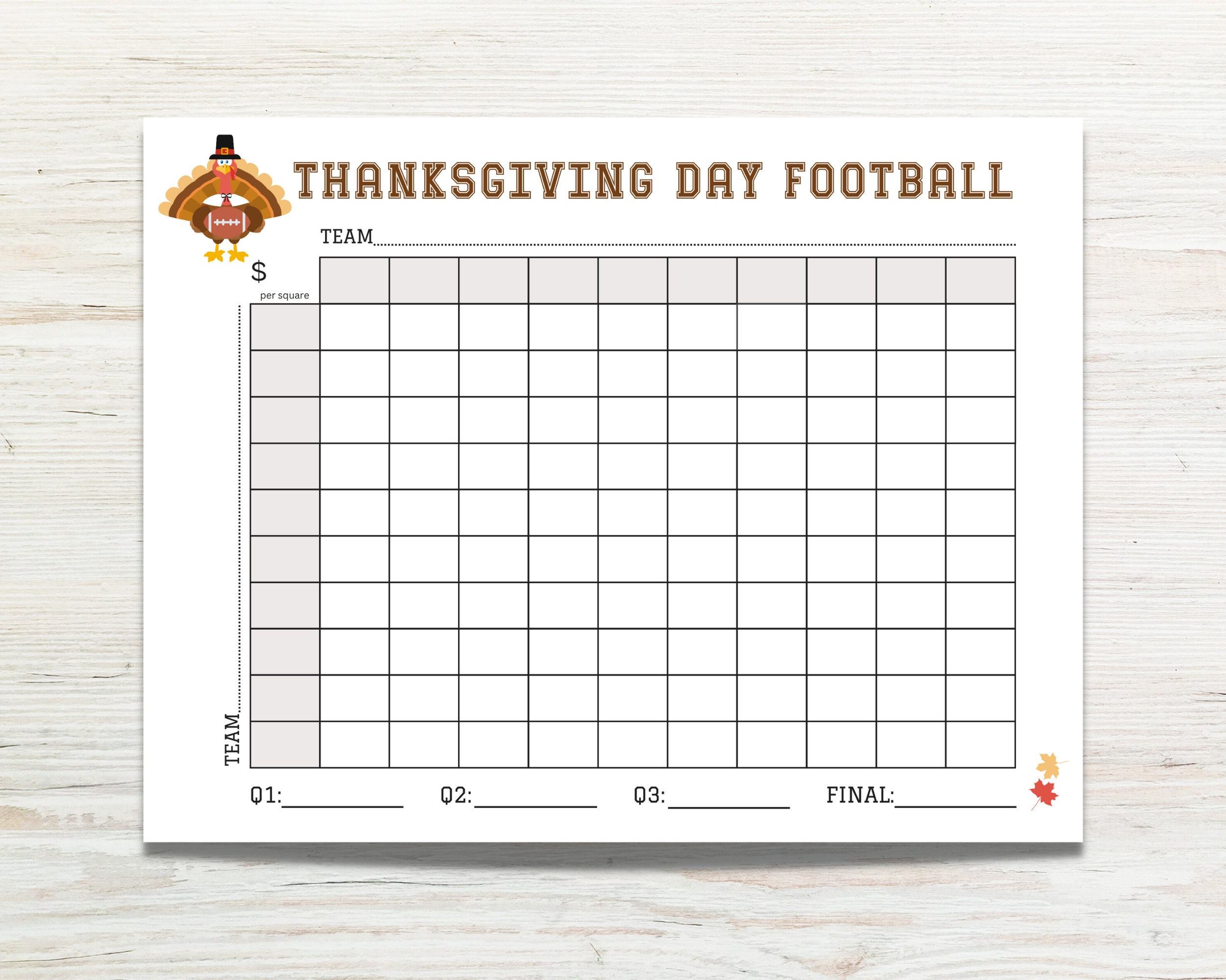 Thanksgiving Football Printable, Football Squares Game throughout Thanksgiving Football Squares Printable