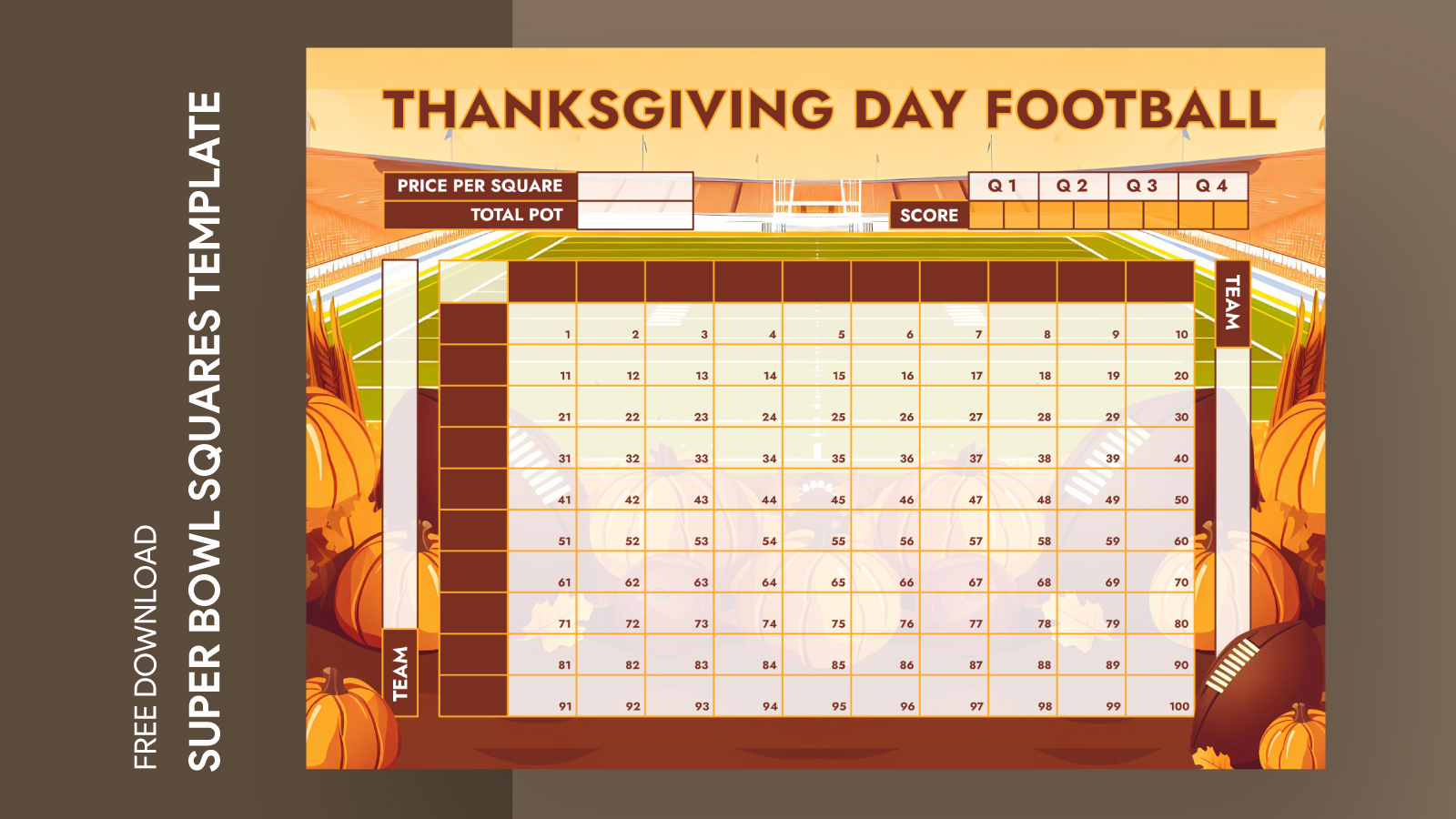 Thanksgiving Football Squares Game Free Google Docs Template regarding Thanksgiving Football Pool Printable