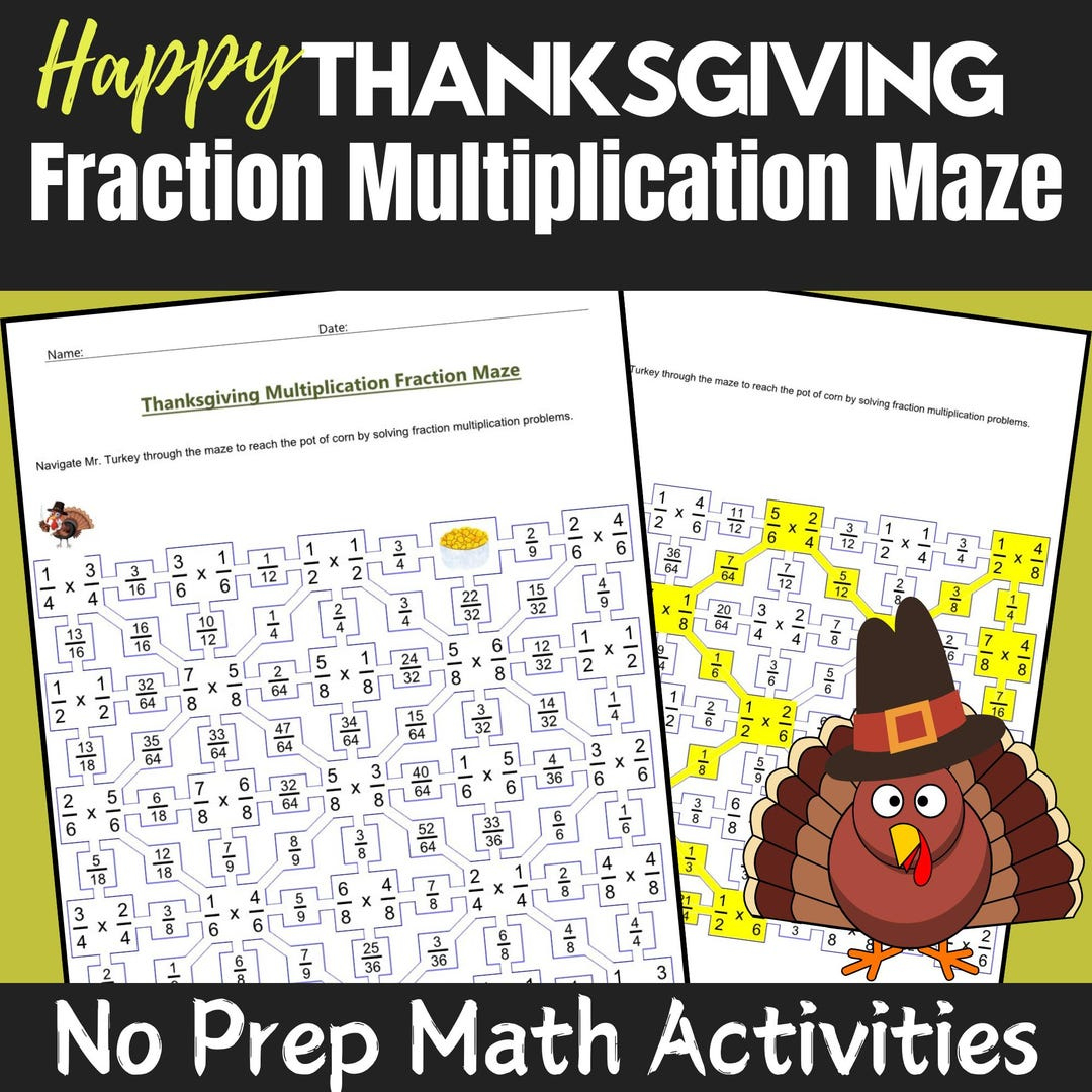 Thanksgiving Fraction Multiplication Maze: Math Worksheets in Thanksgiving Fraction Math Worksheets