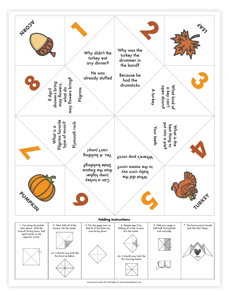 Thanksgiving Joke Cootie Catcher - Free Printable - Pjs And Paint intended for Free Printable Thanksgiving Cootie Catcher