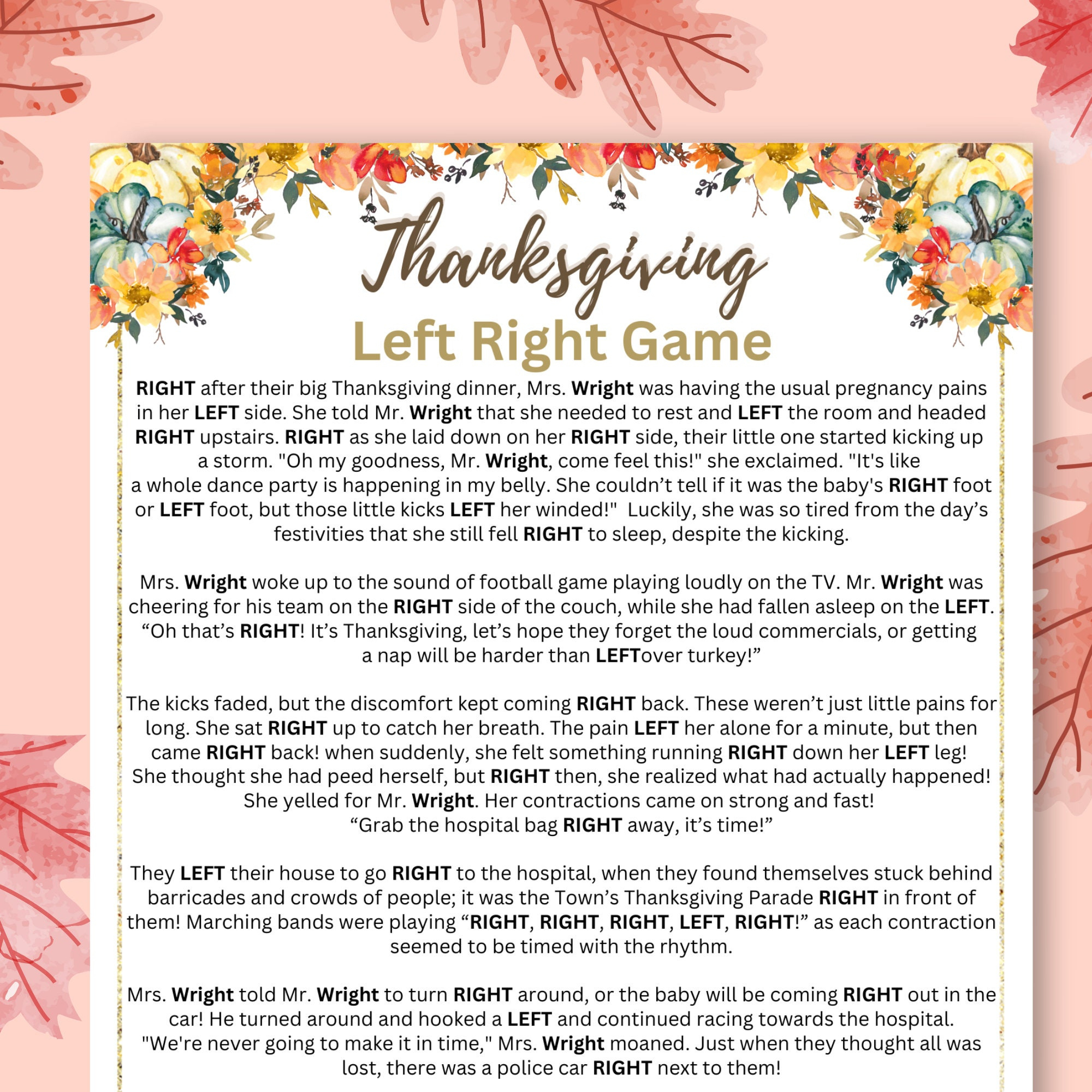 Thanksgiving Left Right Story Game, Fun Thanksgiving Games for Thanksgiving Left Right Game Printable