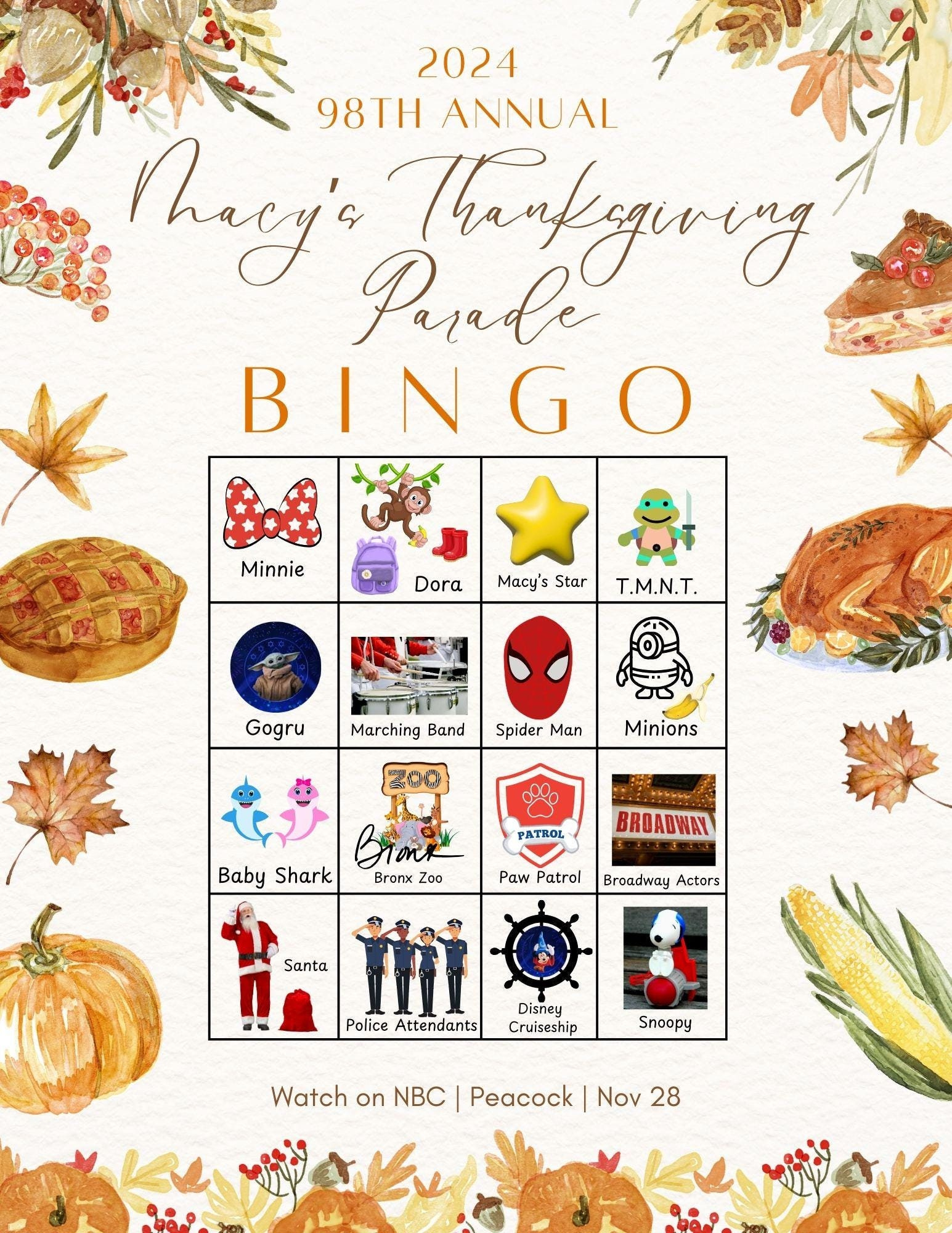 Thanksgiving Macy&amp;#039;S Parade Bingo Printable Kid&amp;#039;S Kinder Aktivität inside Thanksgiving Day Parade Bingo Printable