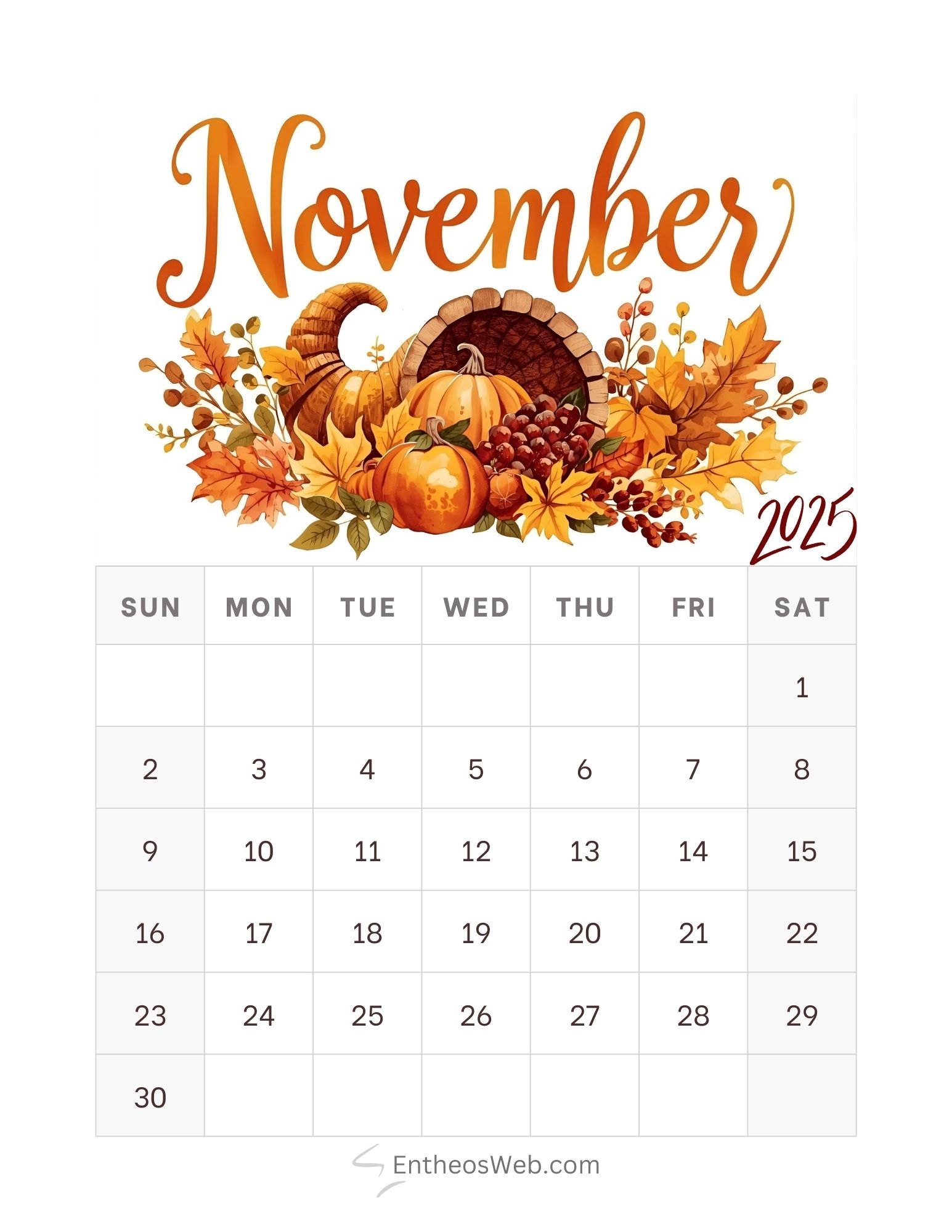 Thanksgiving November Printable Calendar | Entheosweb for Thanksgiving 2025 Pictures Printable