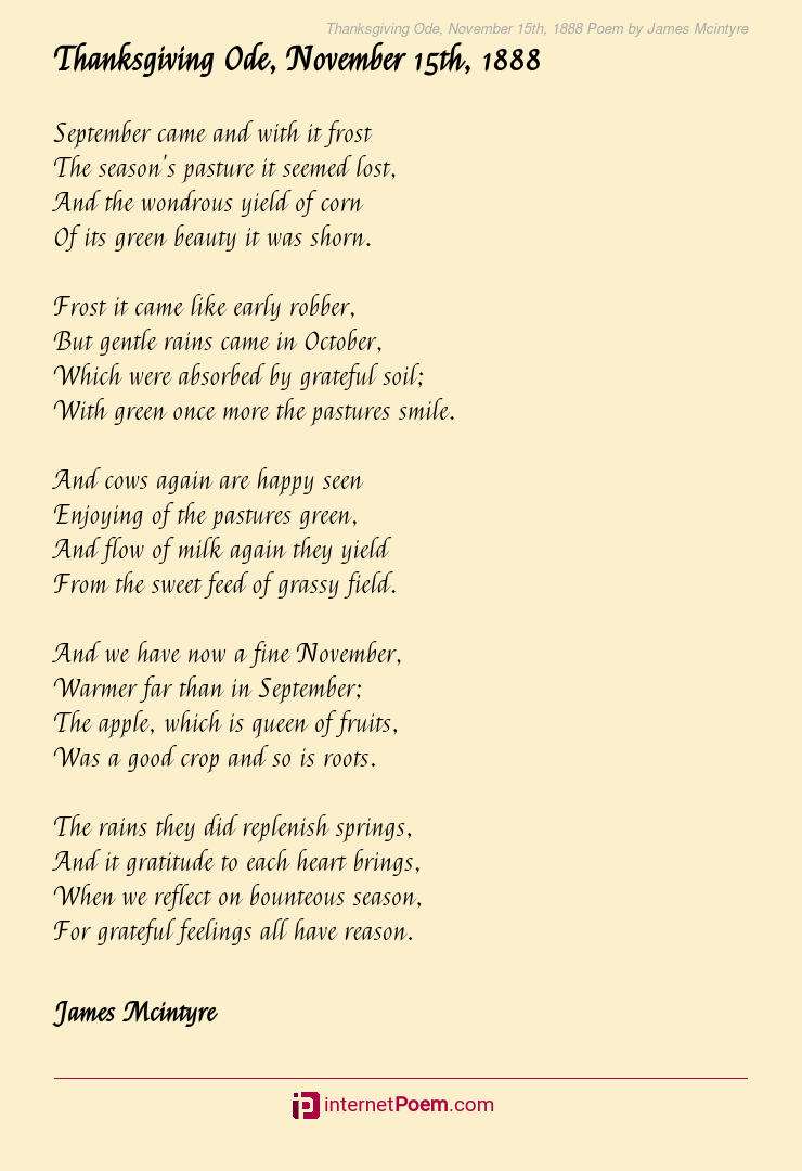 Thanksgiving Ode, November 15Th, 1888 Poemjames Mcintyre regarding Ode to Thanksgiving Poem