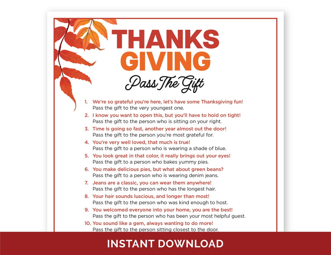 Thanksgiving Pass The Gift Game, Printable Pass The Present for Thanksgiving Pass the Present Game Free Printable