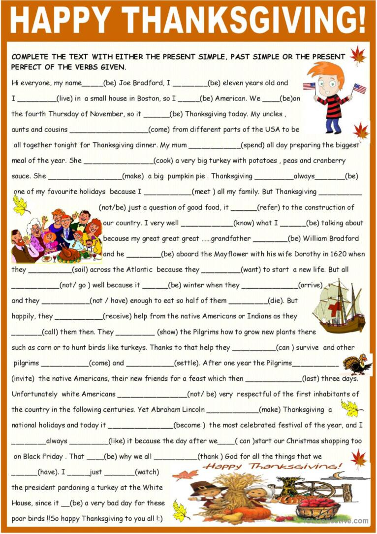 Thanksgiving, Past Present And Prese…: English Esl Worksheets Pdf inside Thanksgiving Grammar Worksheets