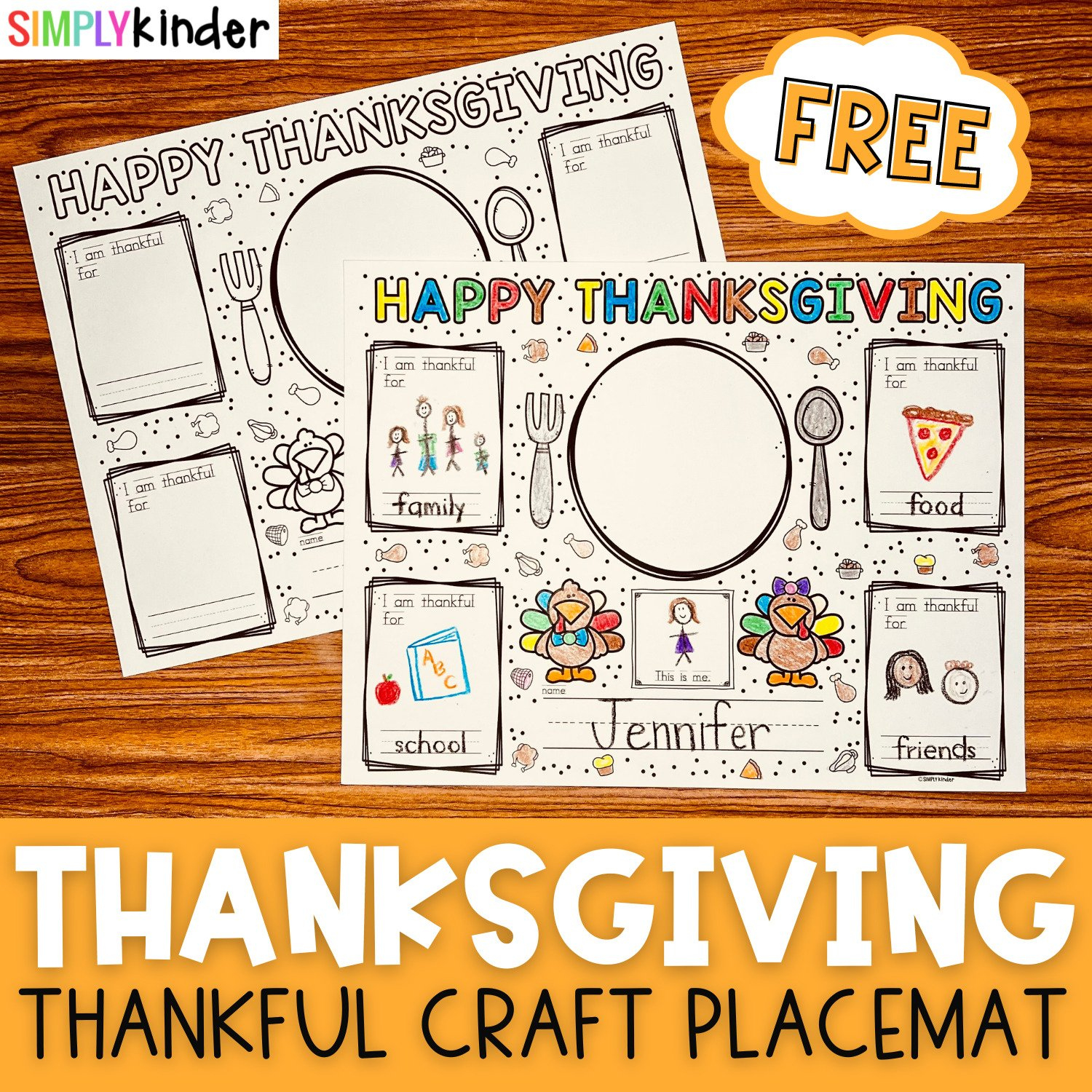 Thanksgiving Placemats Free Printable For Kindergarten - Simply Kinder for I Am Thankful Placemat Printable