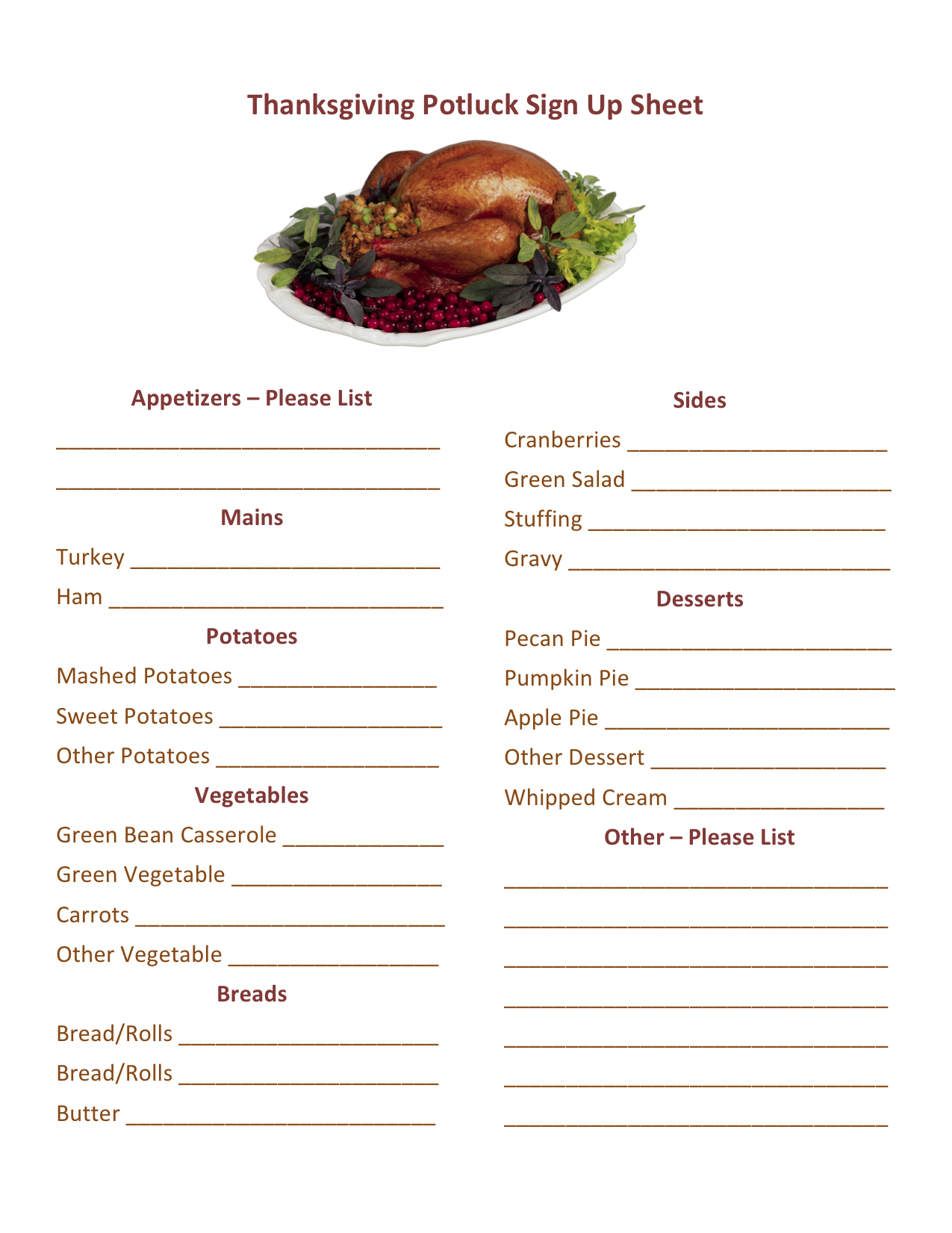 Thanksgiving Potluck Sign Up Printable | Hmh Designs for Thanksgiving Potluck Sign Up Sheet Printable