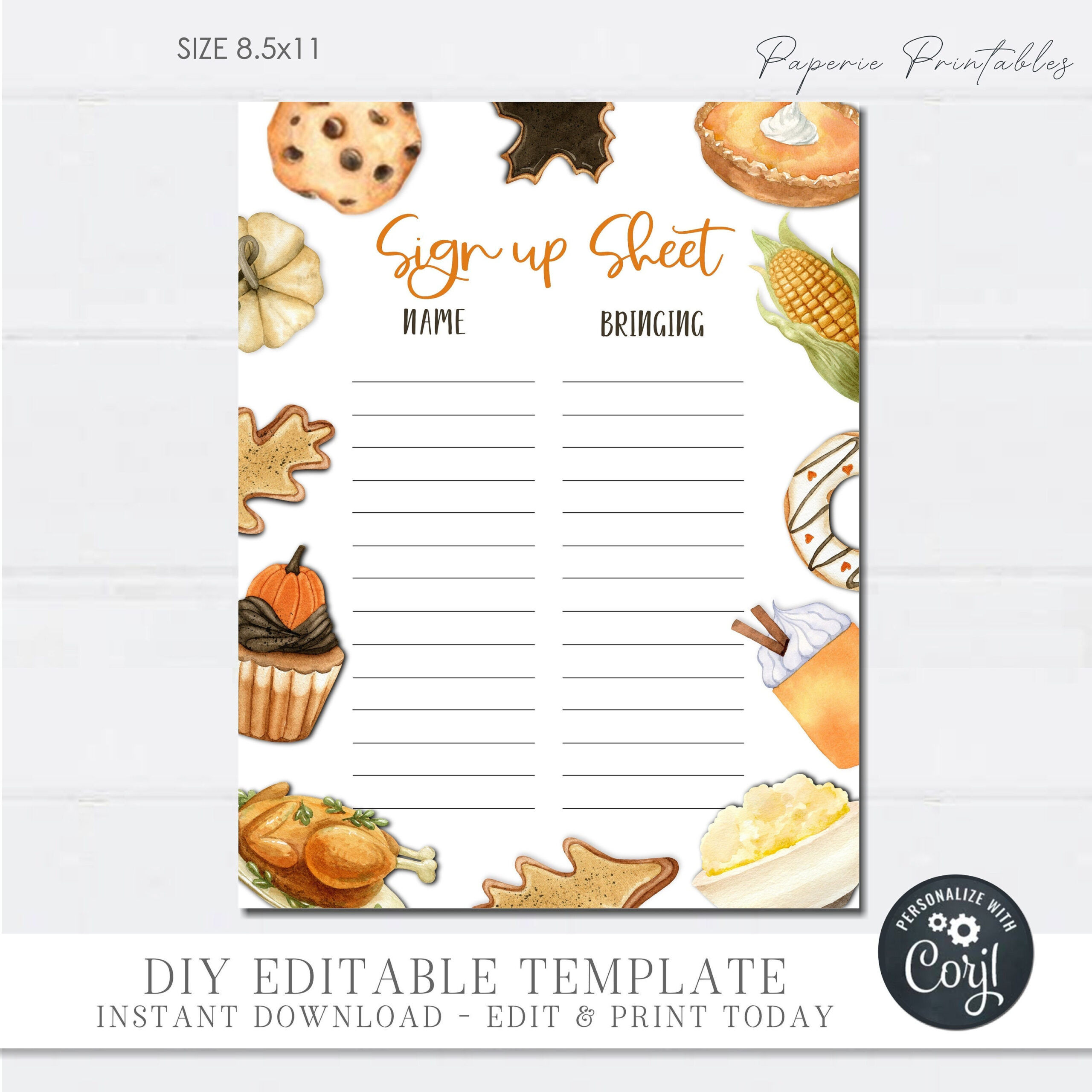 Thanksgiving Potluck Sign Up Sheet: Editable Diy Form (Digital with regard to Thanksgiving Food Sign Up Sheet Printable