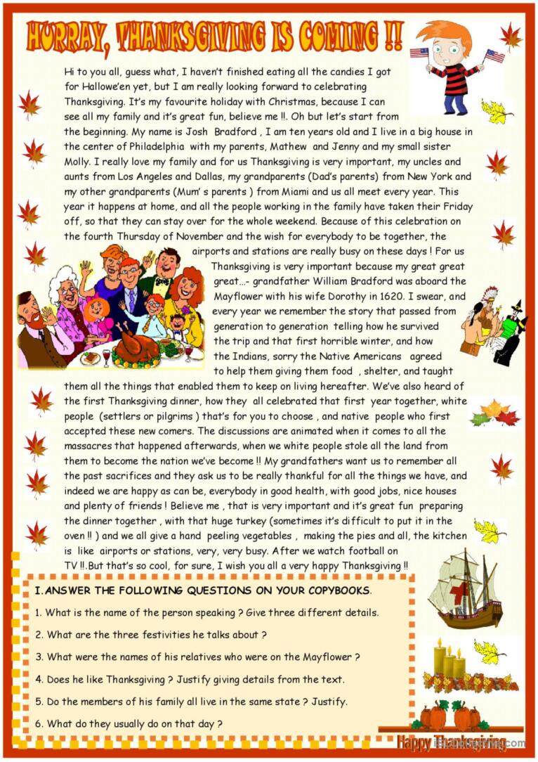 Thanksgiving : Reading Comprehension…: English Esl Worksheets Pdf within Free Printable Thanksgiving Reading Comprehension Worksheets