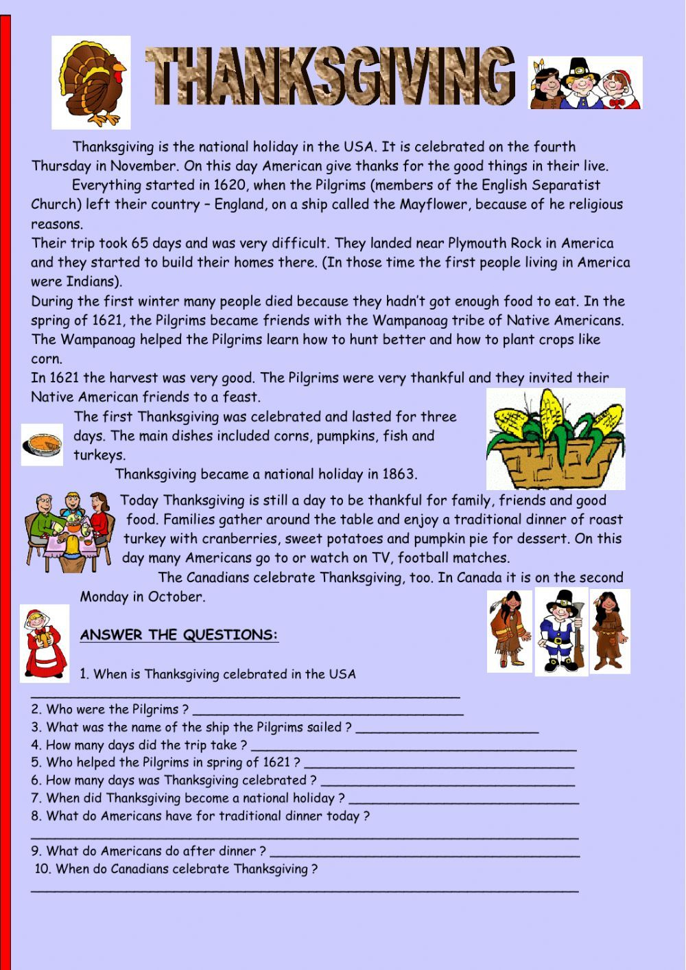 Thanksgiving Reading Comprehension Worksheet inside Printable Thanksgiving Reading Comprehension Worksheets