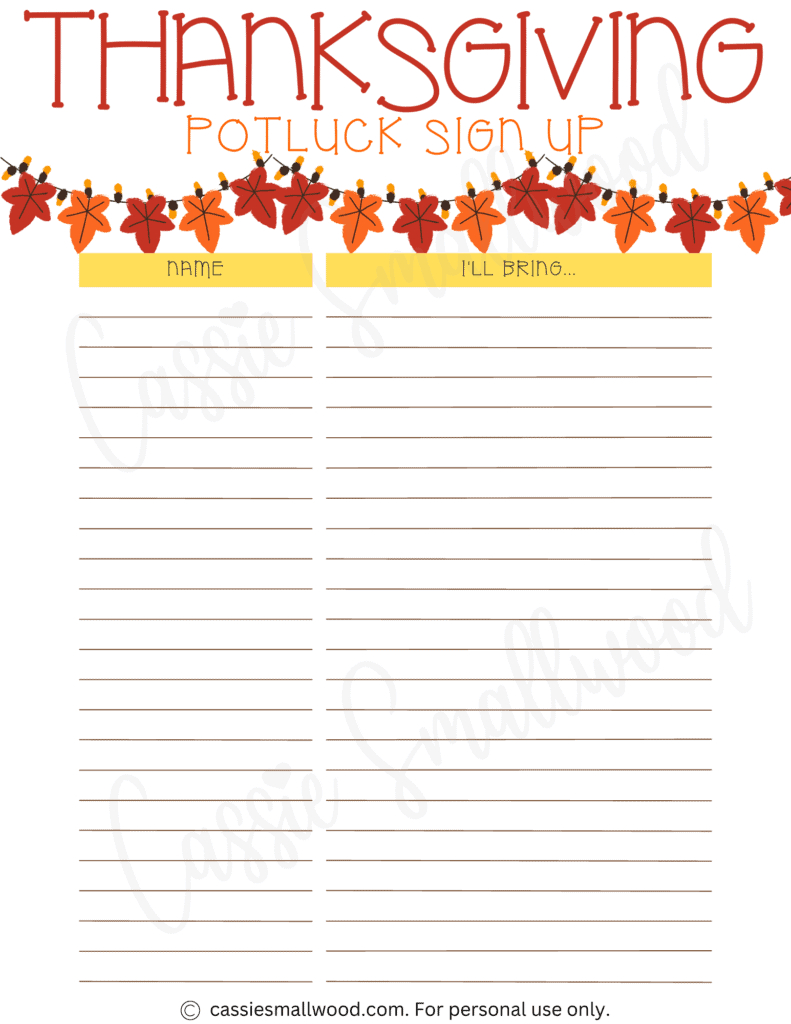 Thanksgiving Sign Up Sheet Printable - Printable Party Favors intended for Printable Thanksgiving Signup Sheet