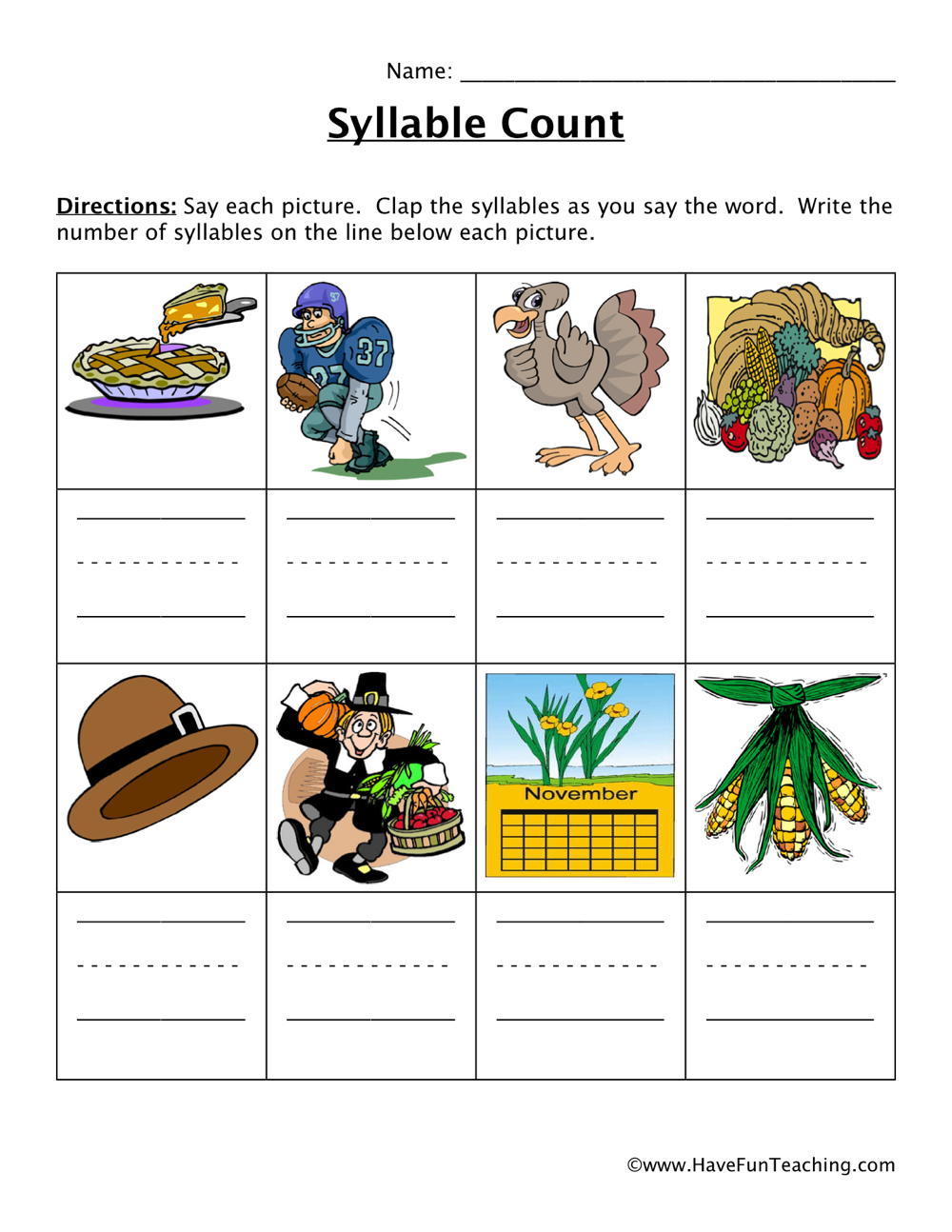 Thanksgiving Syllables Worksheet - Have Fun Teaching within Thanksgiving Syllables Worksheet