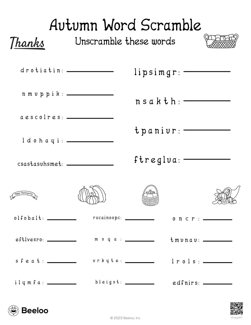 Thanksgiving-Themed Word Scrambles • Beeloo Printable Crafts And throughout Unscramble Thanksgiving Words Worksheet