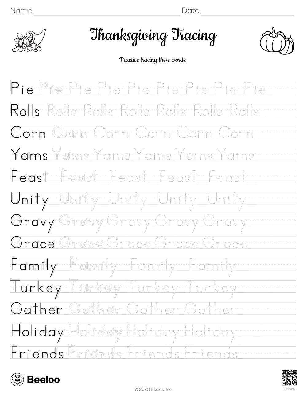 Thanksgiving-Themed Word Tracing Worksheets • Beeloo Printable regarding Thanksgiving Handwriting Worksheets