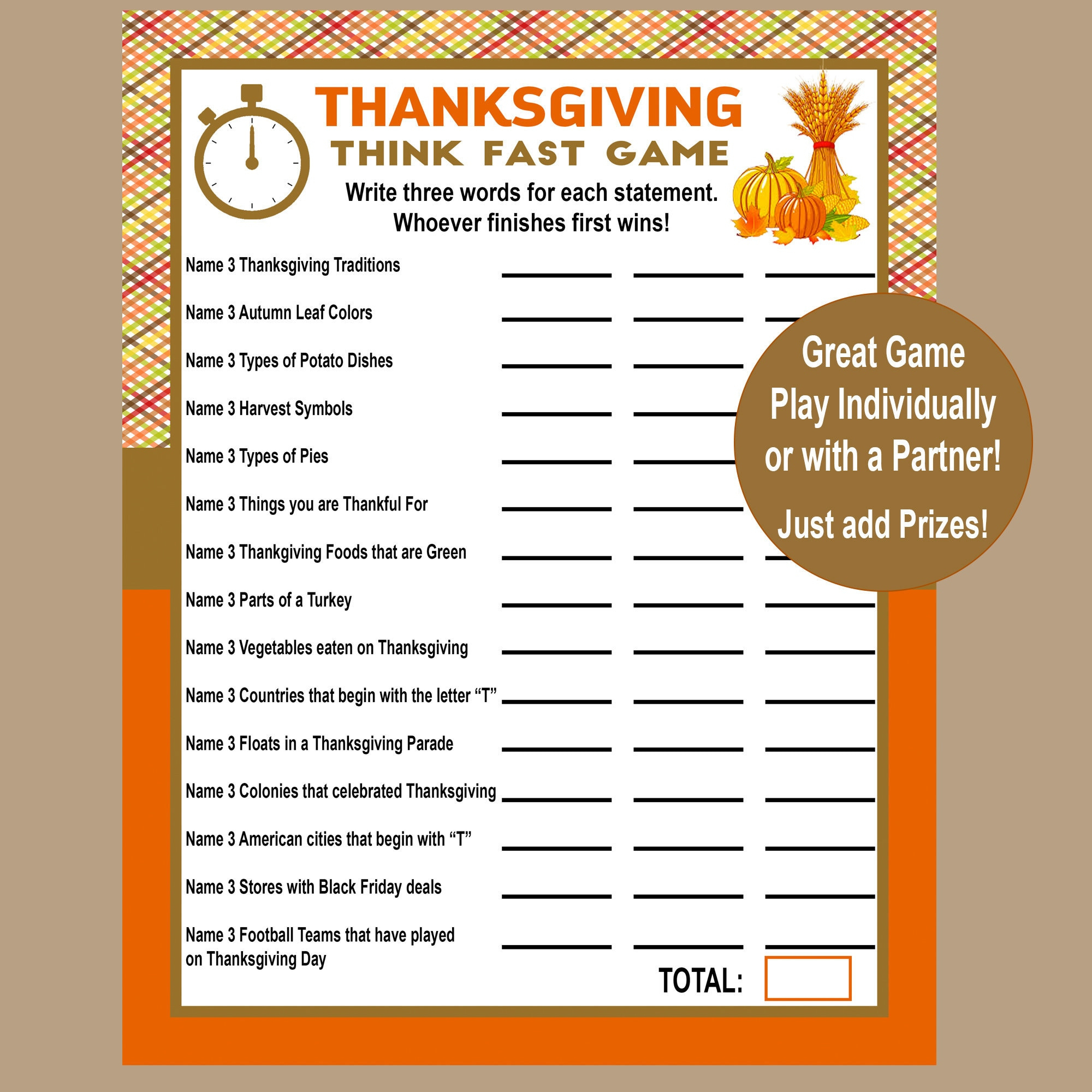 Thanksgiving Trivia Game, Think Fast Game, Thanksgiving Printable Games, Fun Friendsgiving Game, Zoom Game, Family Game, Instant Download pertaining to Fun Printable Thanksgiving Games