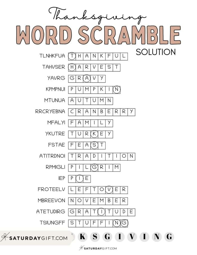 Thanksgiving Word Scramble - Cute & Free Printable | Saturdaygift pertaining to Thanksgiving Word Scramble With Answers Printable