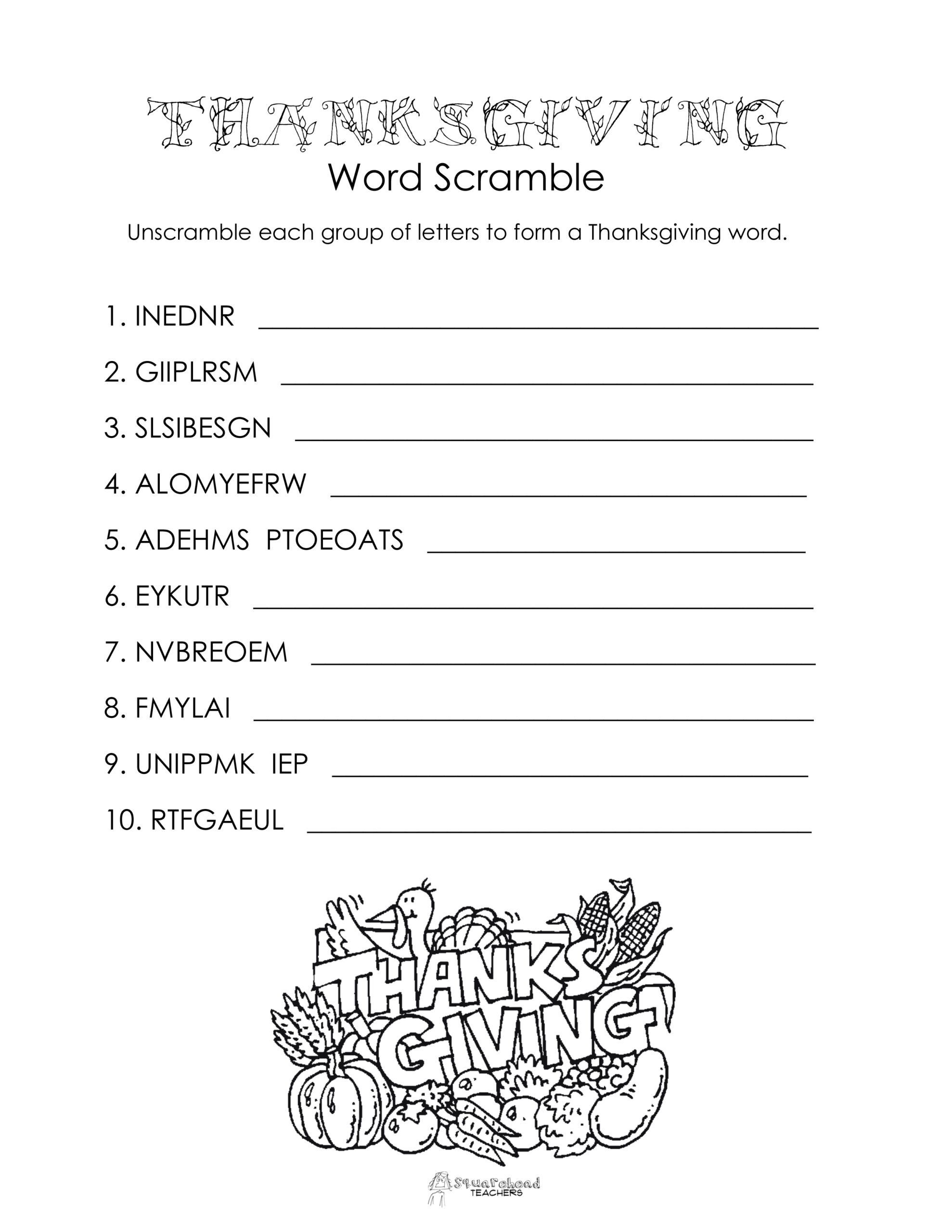 Thanksgiving Word Scramble (Free Worksheet) | Squarehead Teachers intended for Unscramble Thanksgiving Words Worksheet