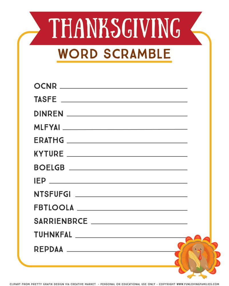 Thanksgiving Word Scramble: Printable Activity For Kids - Fun with Thanksgiving Word Games Printable