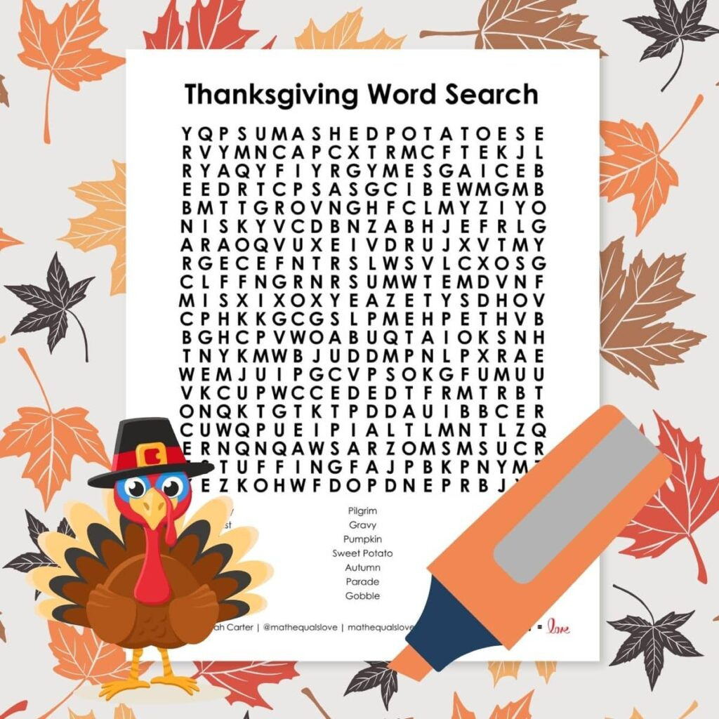 Thanksgiving Word Search Puzzle | Math = Love throughout Thanksgiving 2025 Word Search Printable