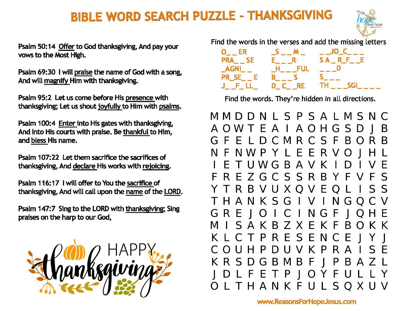 Thanksgiving Word Search Puzzle » Reasons For Hope* Jesus inside Religious Thanksgiving Word Search Printable