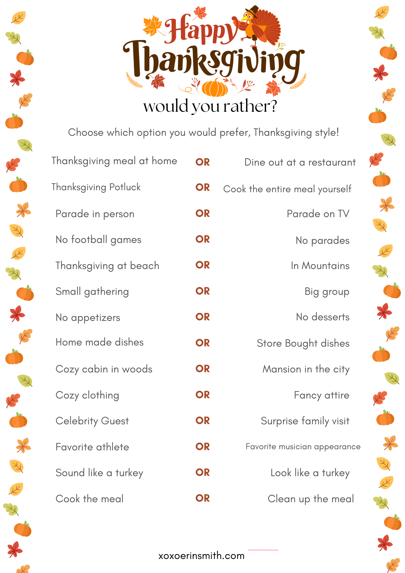 Thanksgiving Would You Rather Questions Printable Free throughout Printable Thanksgiving Would You Rather