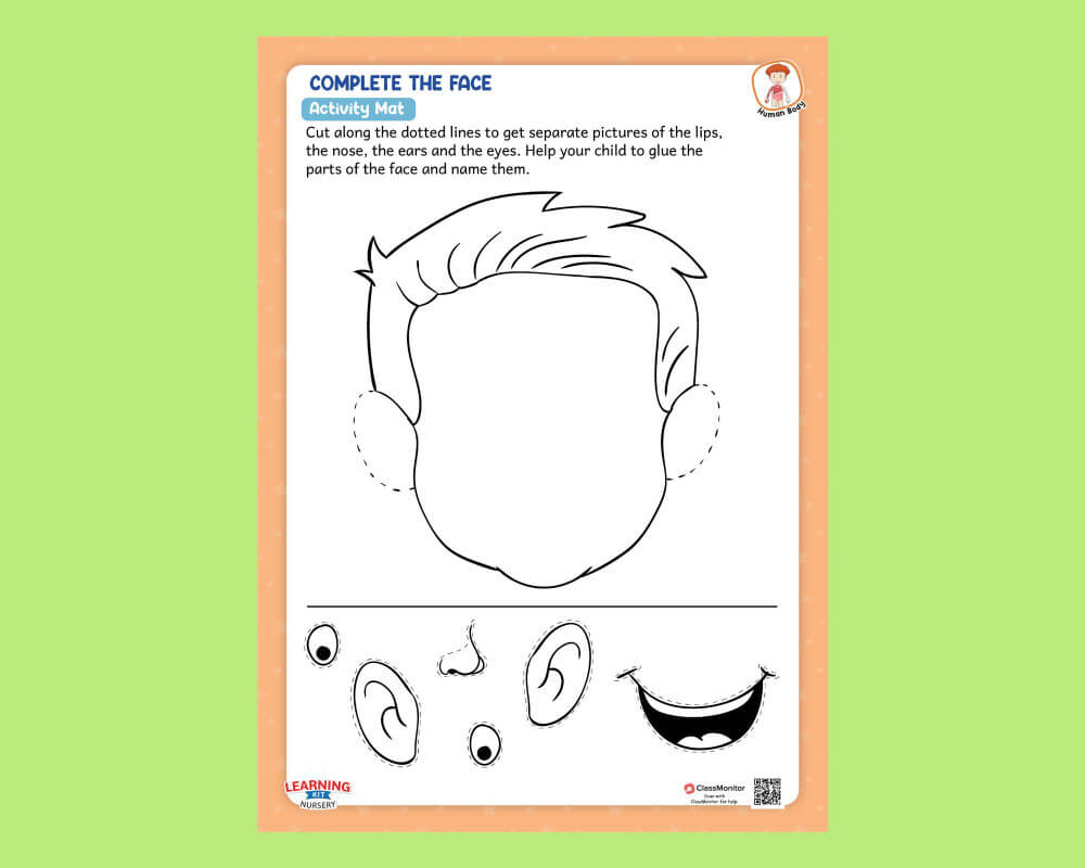 The Human Body Activity Complete The Face- Worksheet - Classmonitor regarding Printable Parts Of The Face Cut And Paste