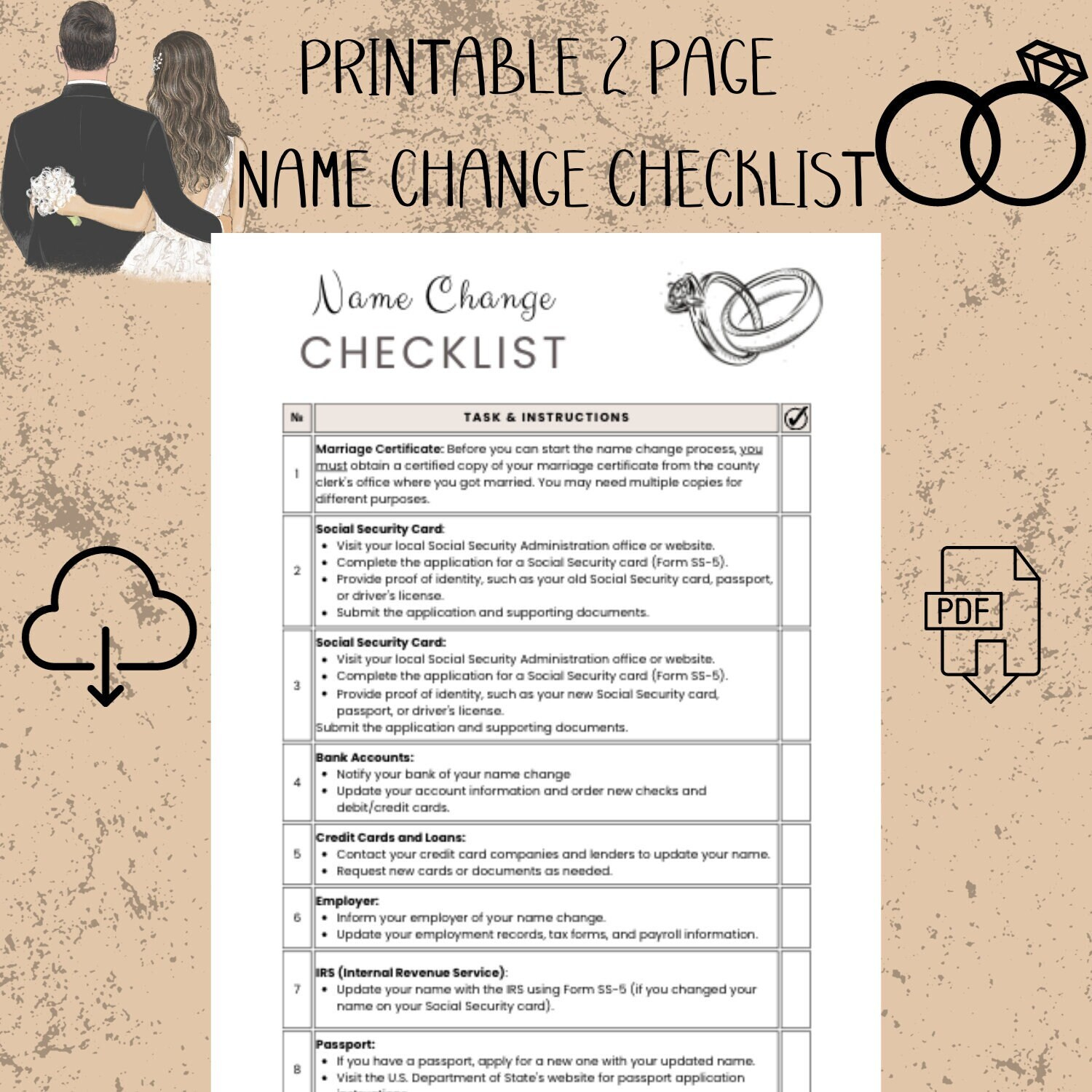 Umfassende Checkliste Für Die Namensänderung Der Braut for Name Change Checklist Printable