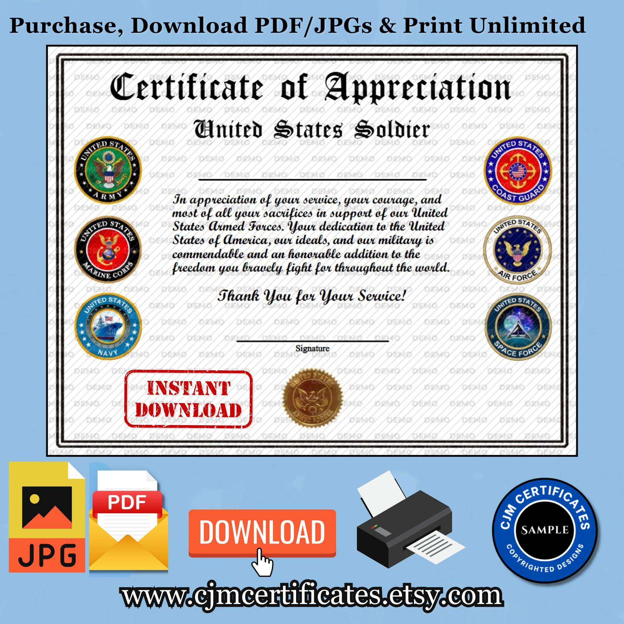 Us Soldier Appreciation Certificate 3Ac-Instant Download-Unlimited within Downloadable Sample Veterans Day Certificates Free Printables