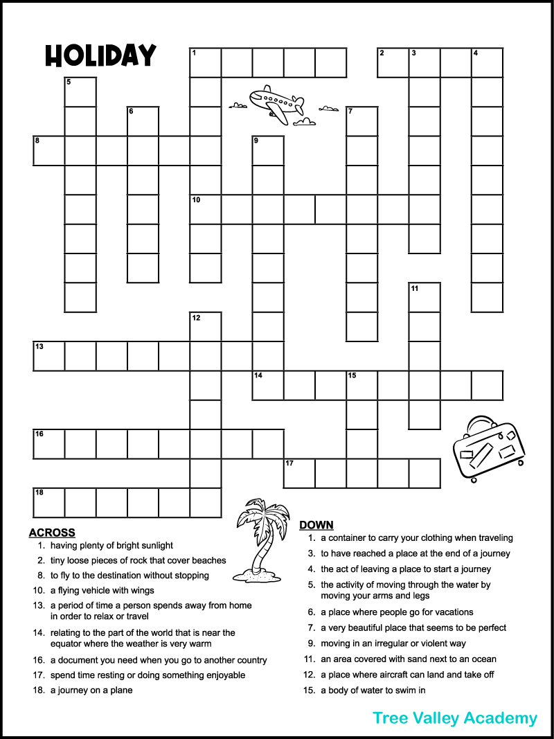 Vacation Crossword Puzzles - Tree Valley Academy for Holiday Crossword Puzzle Printable