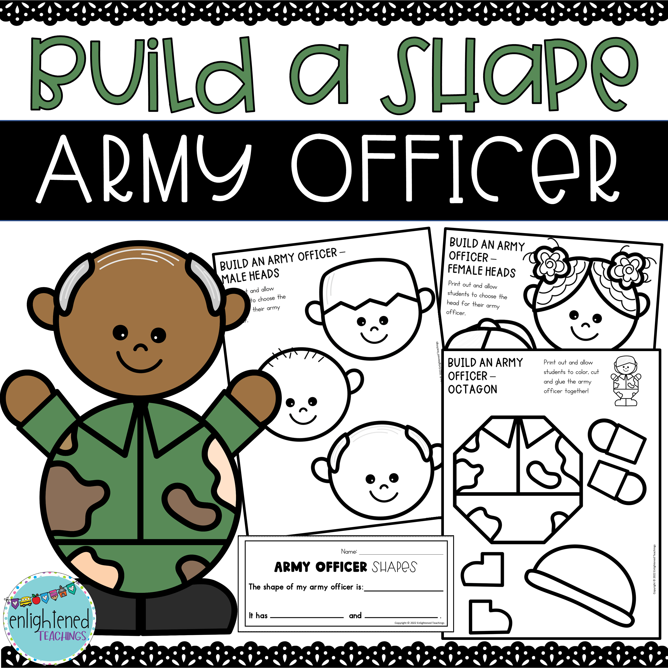 Veterans Day Craft - Build An Army Officer Shape Craft - 2D Shape with Veterans Day Crafts For Elementary Students Printable