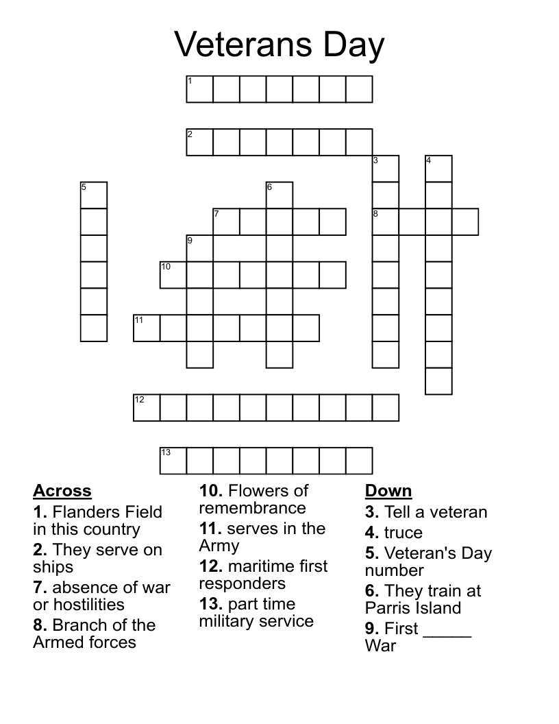 Veterans Day Crossword - Wordmint for Veterans Day Crossword Puzzle Printable