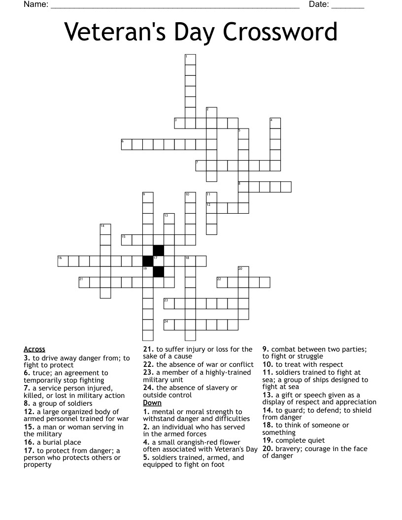Veteran&amp;#039;S Day Crossword - Wordmint throughout Veterans Day Crossword Puzzle Printable