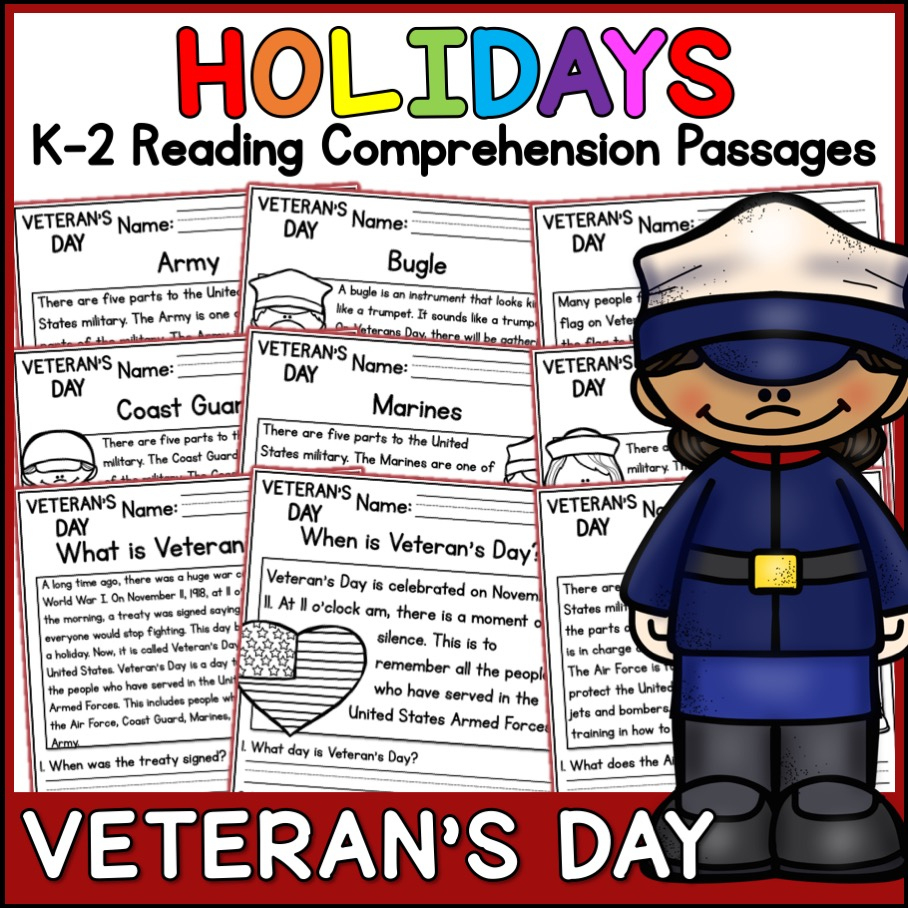 Veterans Day Holidays Reading Comprehension Passages K-2 | Made with Veterans Day Reading Comprehension Printables