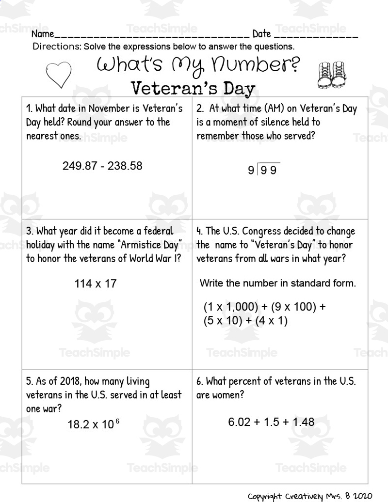 Veteran&amp;#039;S Day Math Trivia Worksheetteach Simple for Free Printable Veterans Day Math Worksheets