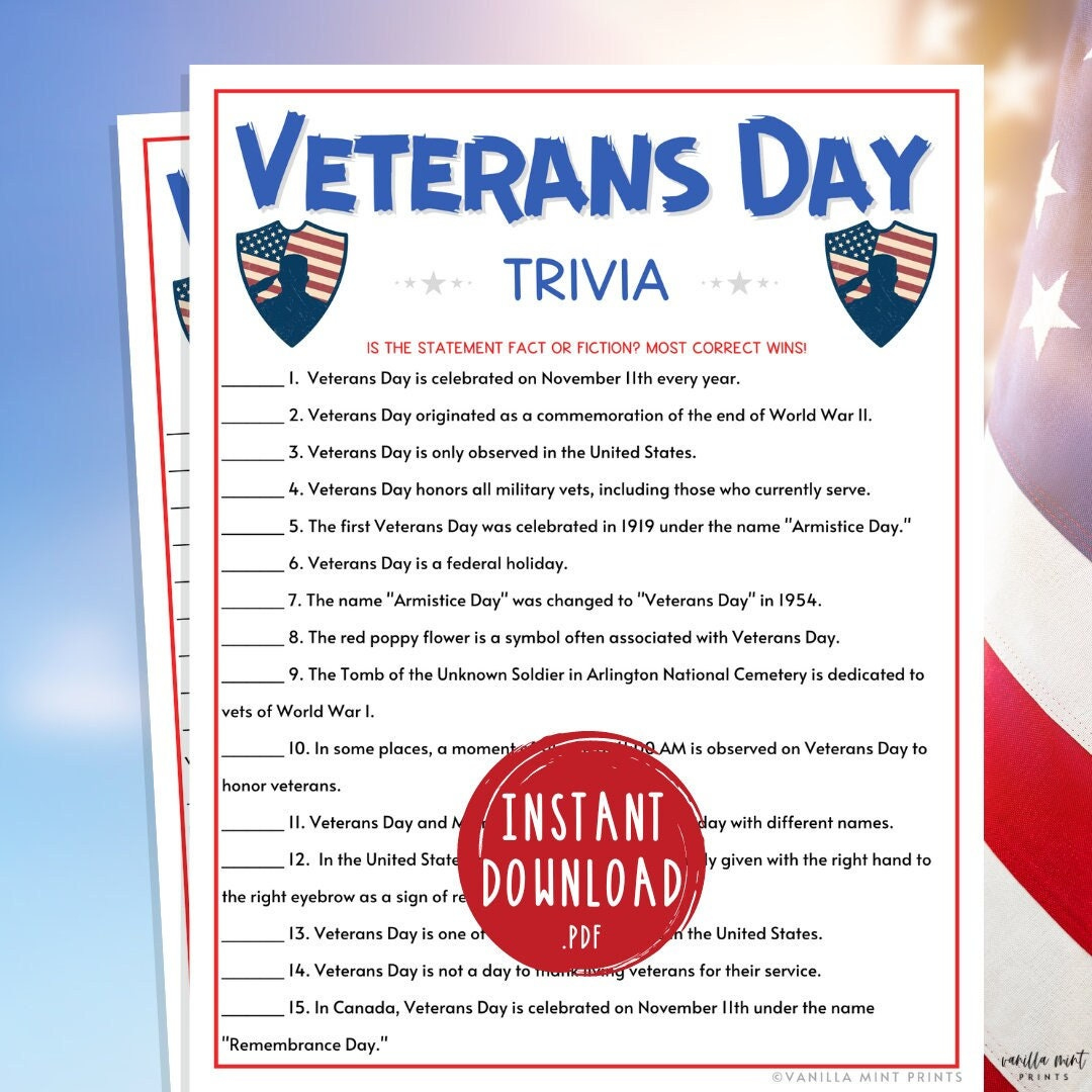 Veterans Day Quiz Spiel | Druckbare Veterans Day Party Spiele within Veterans Day Trivia For Seniors Printable