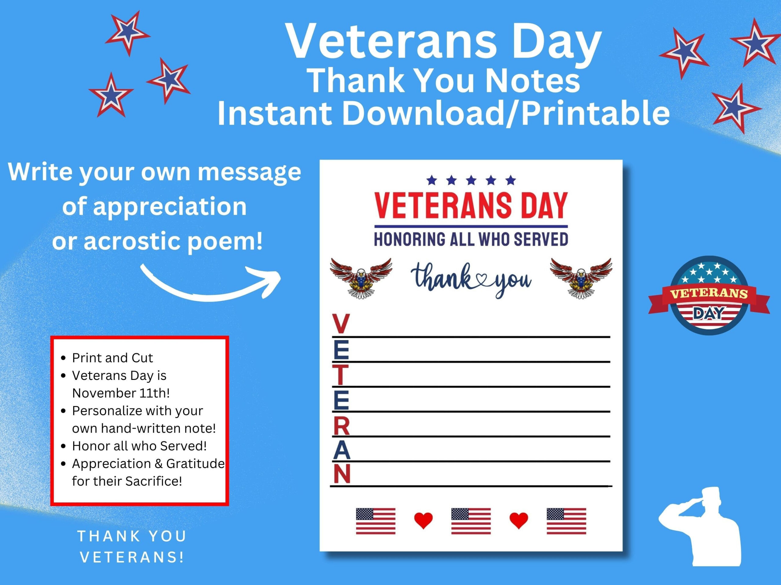 Veterans Day Thank You Notes, Personalized Message, Acrostic Poem intended for Acrostic Poems For Veterans Day
