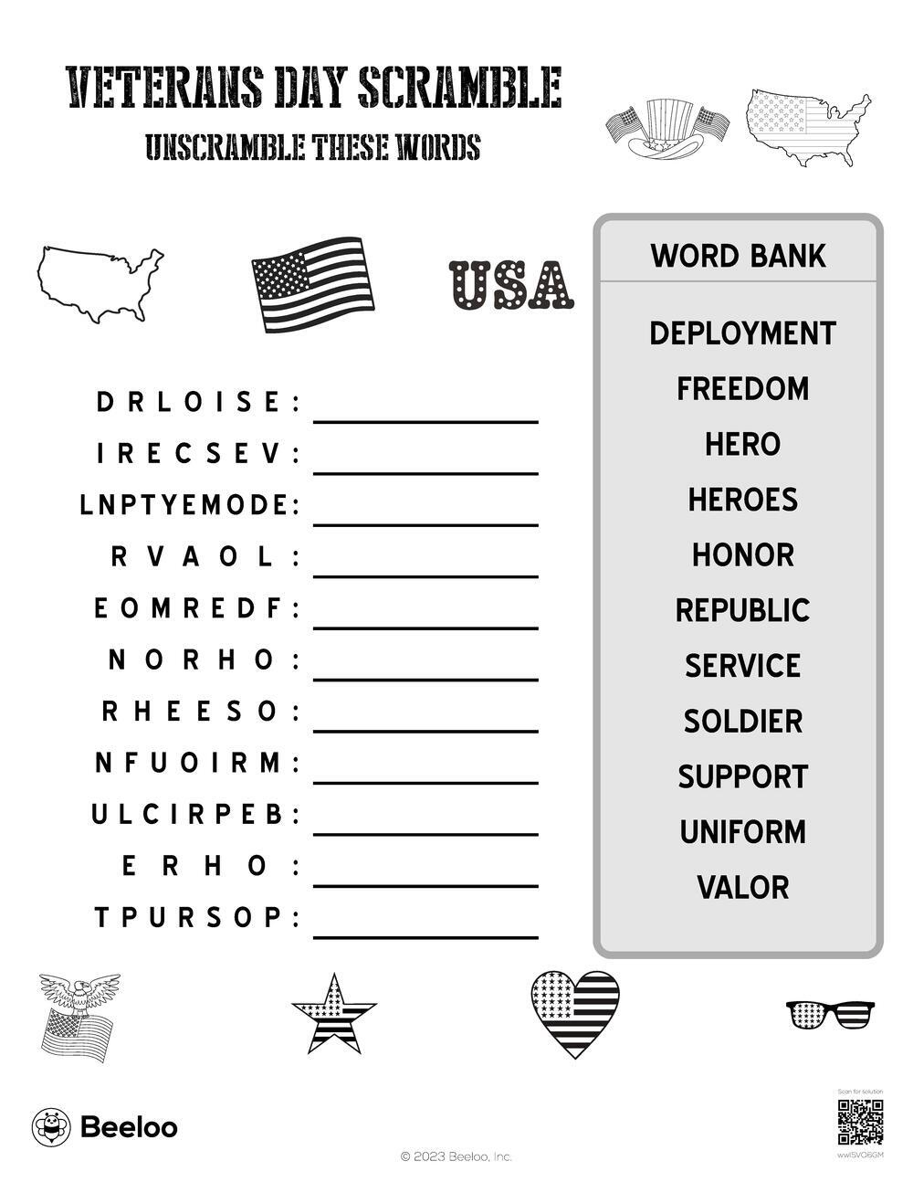 Veterans Day-Themed Word Scrambles • Beeloo Printable Crafts And in Veterans Day Word Scramble Printable