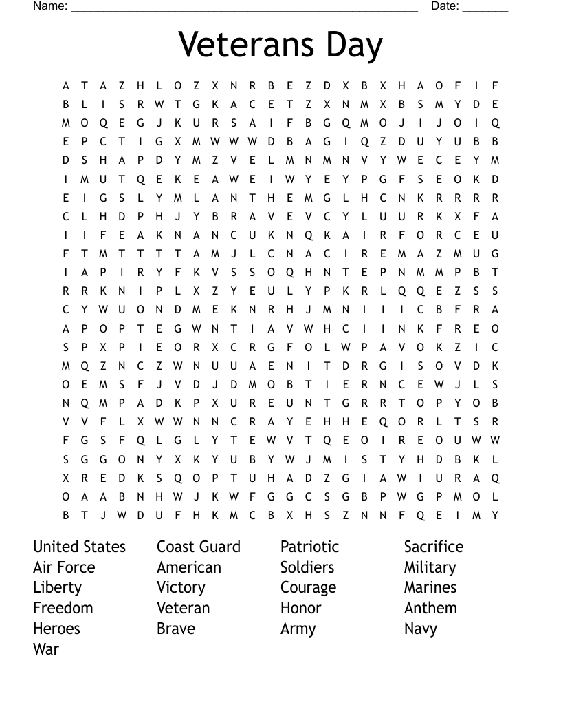 Veterans Day Word Search - Wordmint in Word Search Veterans Day Printable