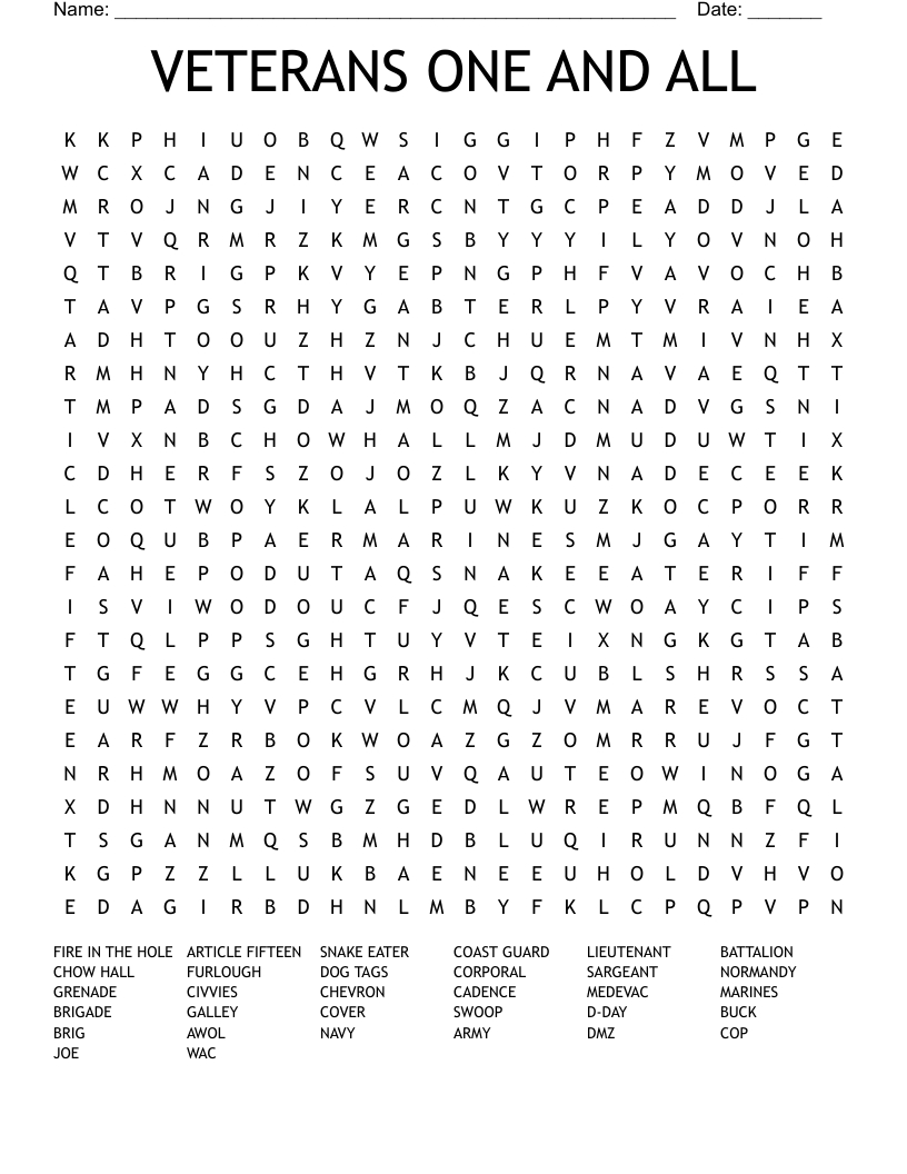 Veterans One And All Word Search - Wordmint pertaining to Veterans Word Search Printable