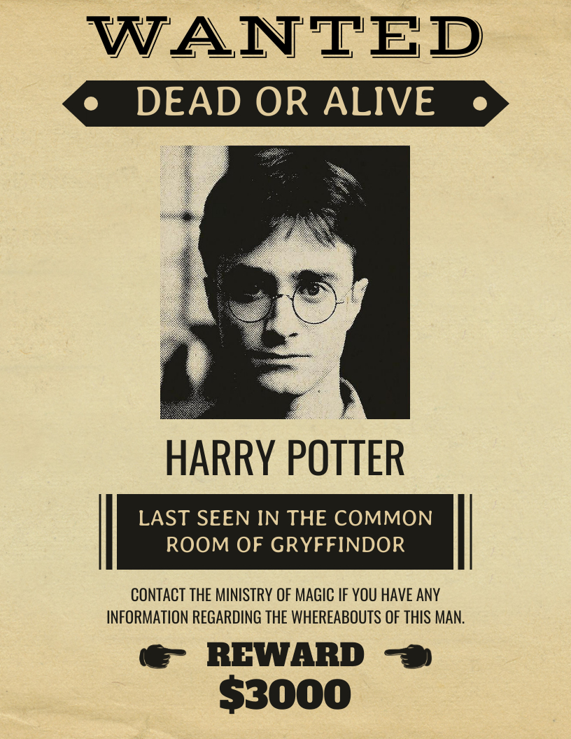 Vintage Harry Potter Wanted Poster - Venngage intended for Harry Potter Wanted Signs Printable