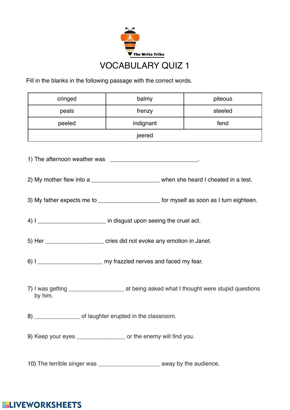 Vocabulary Interactive Exercise For Grade 7 | Live Worksheets in Vocabulary Printable Worksheets For Grade 7
