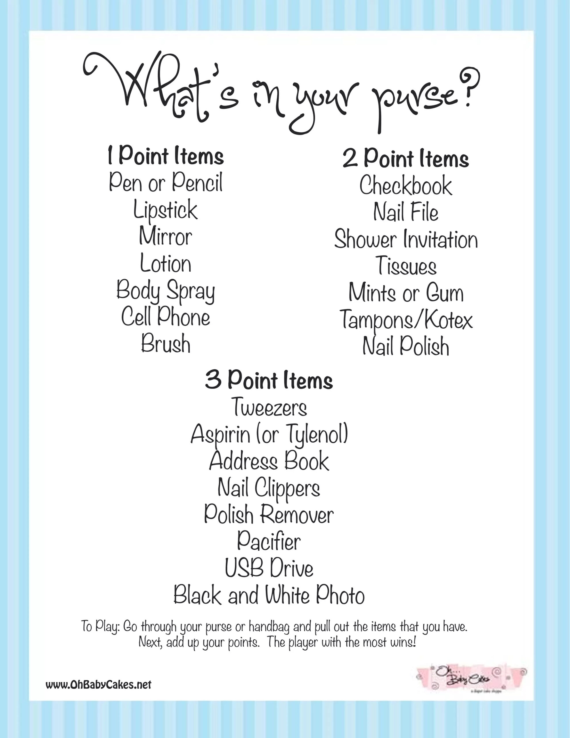 What&amp;#039;S In Your Purse Baby Shower Game (Blue) | Pdf inside Free Printable What&amp;#039;S In Your Purse Game