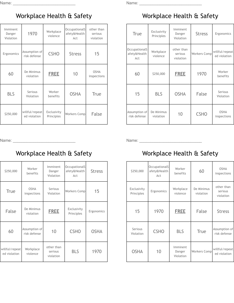 Workplace Health & Safety Bingo Cards - Wordmint with Free Printable Safety Bingo Cards