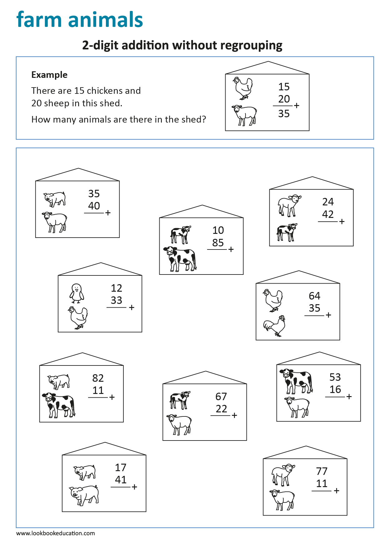 Worksheet 2-Digit Addition Farm Animals - Lookbookeducation with Animal Picture Addition Worksheet