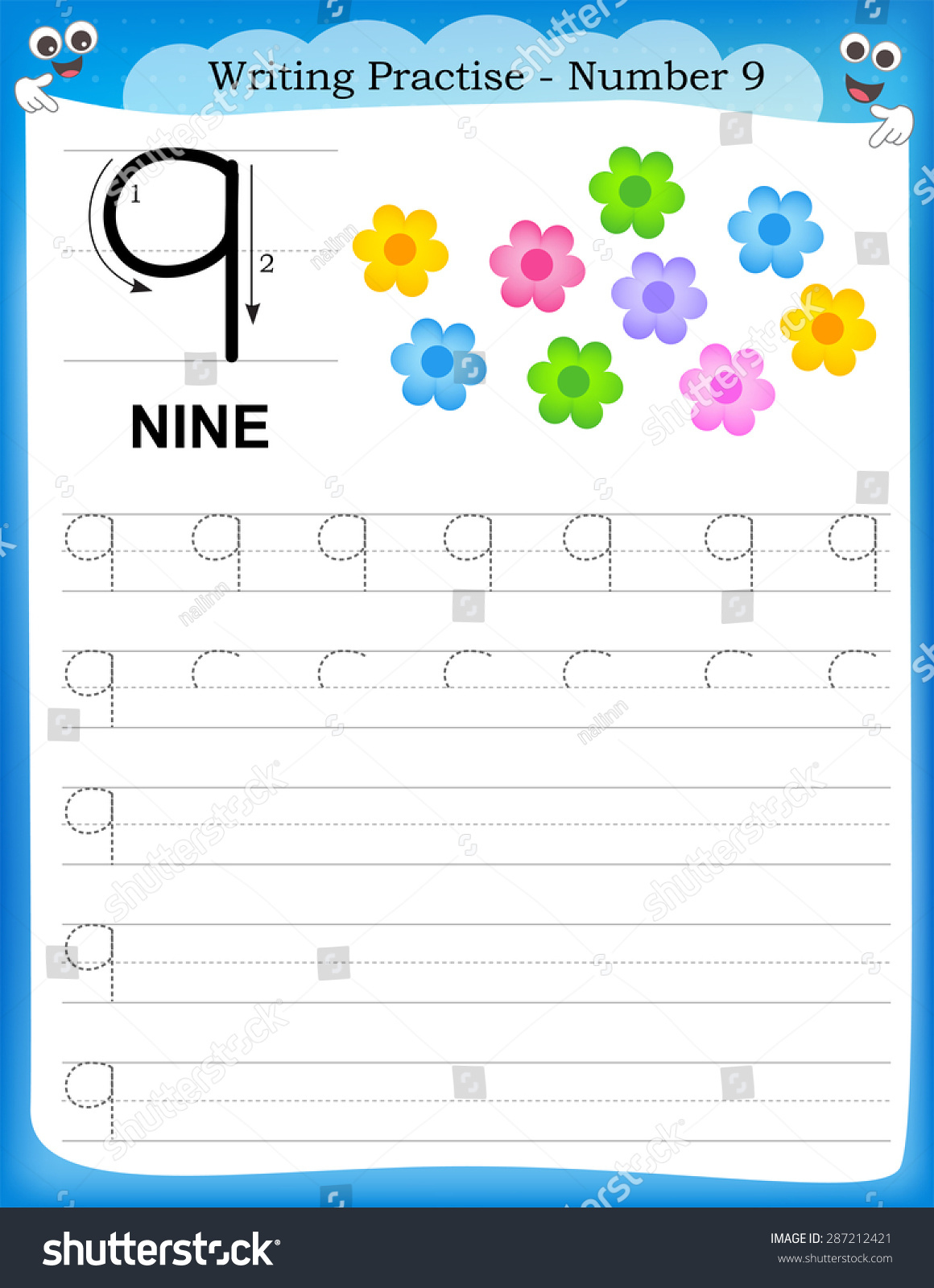 Writing Practice Number Nine Printable Worksheet Stock Vector in Number Nine Worksheet Printable