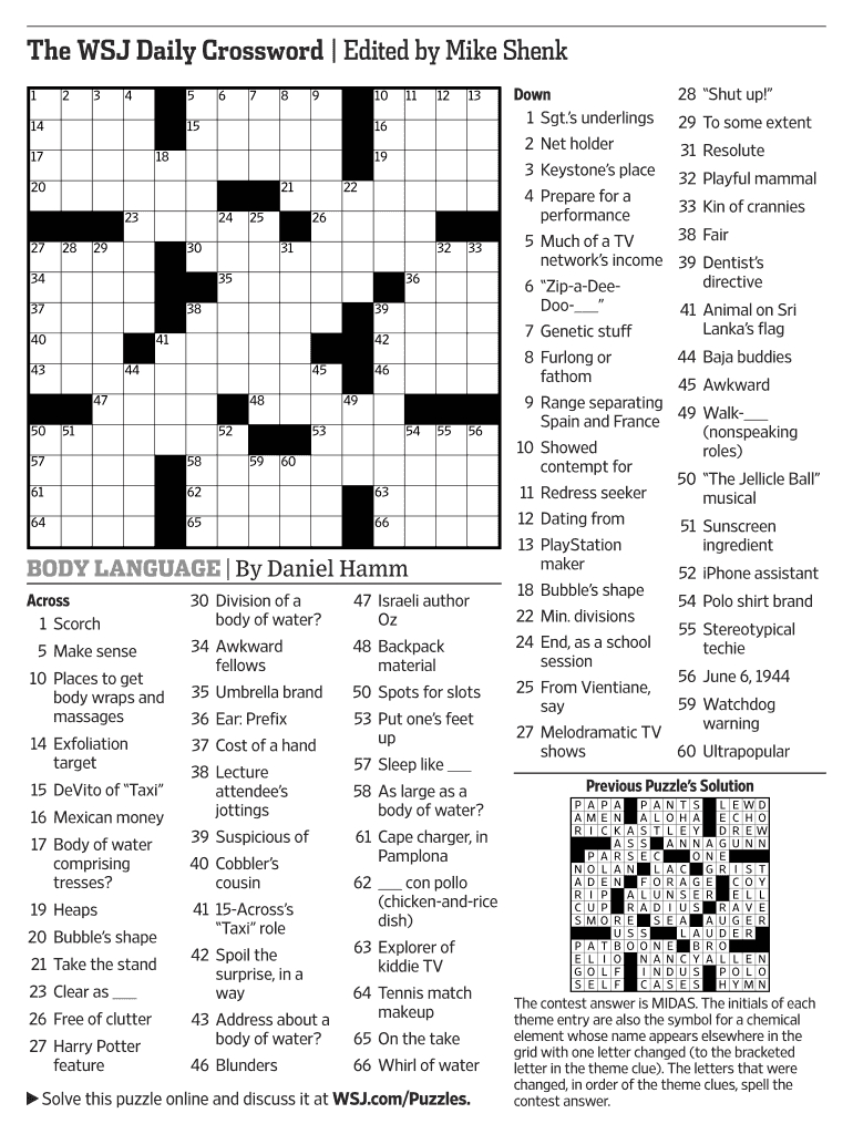 Wsj Crossword Today Printable Pdf - Fill Online, Printable with Wsj Crossword Today Free Printable