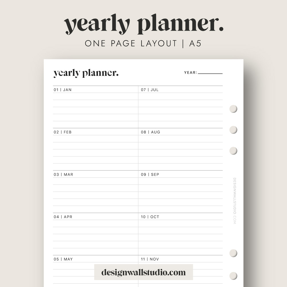 Yearly Planner Printable Insert (A5) – Free Download | One Page Layout intended for Free Planner Printables A5