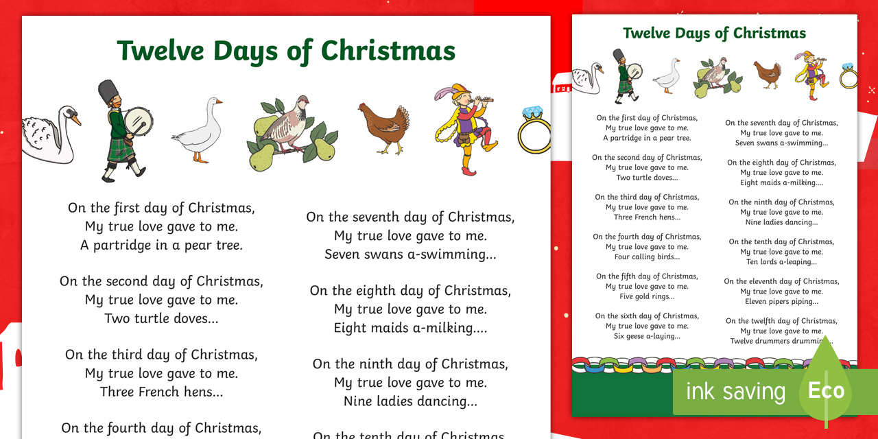 12 Days Of Christmas Lyrics Printable Song Lyrics pertaining to Words to the Twelve Days of Christmas Printable
